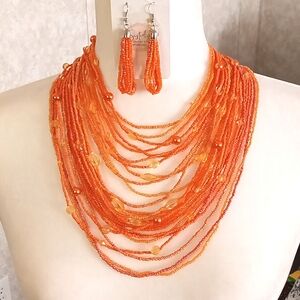 Orange Color Multi Strand Seed Bead Necklace with matching earrings,